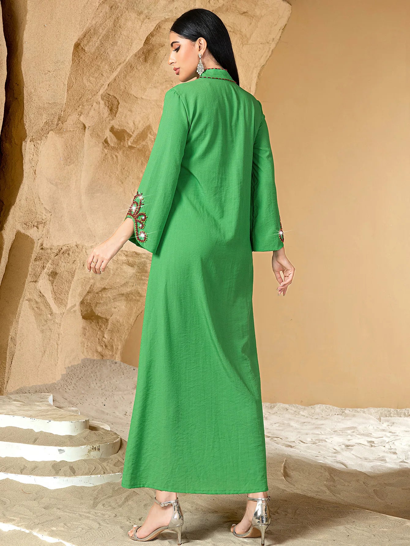 S-XXL Moroccan Abaya for Women – Diamond Embellished Long Maxi Muslim Dress, Dubai Kaftan Evening Gown, Eid Ramadan Jalabiya