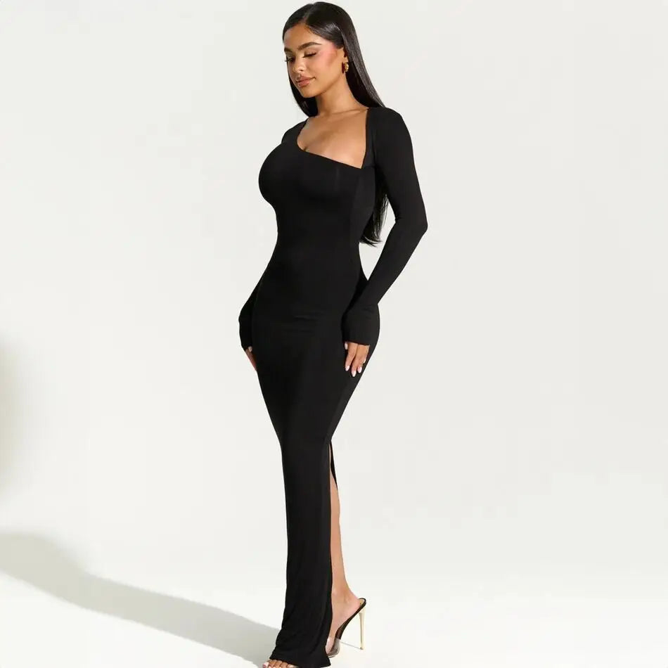 2025 Elegant Black Maxi Dress for Women – Asymmetrical Long Sleeve Split Evening Party Dress for Fall & Winter