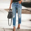 European Retro Plus Size Women’s Jeans – Mid-Waist Straight-Leg Denim Pants with Ripped Hole Design, Casual Street Fashion