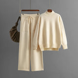 Women’s Winter Casual Knitted Two-Piece Set – Solid Color Sweater Top & Loose-Fit Pants Lounge Outfit