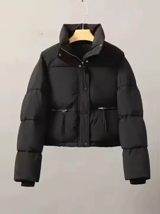2025 Korean Fashion Women’s Short Puffer Jacket – Stand Collar Cotton-Padded Thick Winter Coat