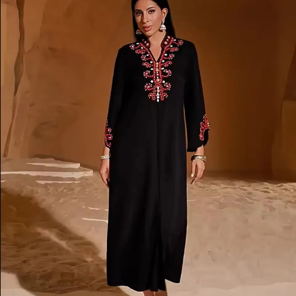 S-XXL Moroccan Abaya for Women – Diamond Embellished Long Maxi Muslim Dress, Dubai Kaftan Evening Gown, Eid Ramadan Jalabiya