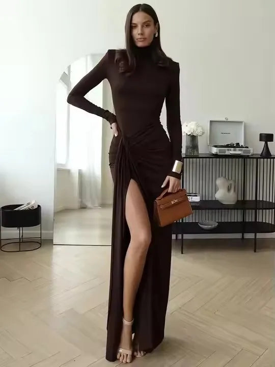 Elegant Women’s Long Sleeve Bodycon Maxi Dress – High Slit Turtleneck Evening Gown for Party, Formal & Winter Fashion