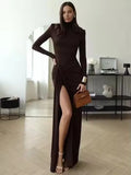 Elegant Women’s Long Sleeve Bodycon Maxi Dress – High Slit Turtleneck Evening Gown for Party, Formal & Winter Fashion