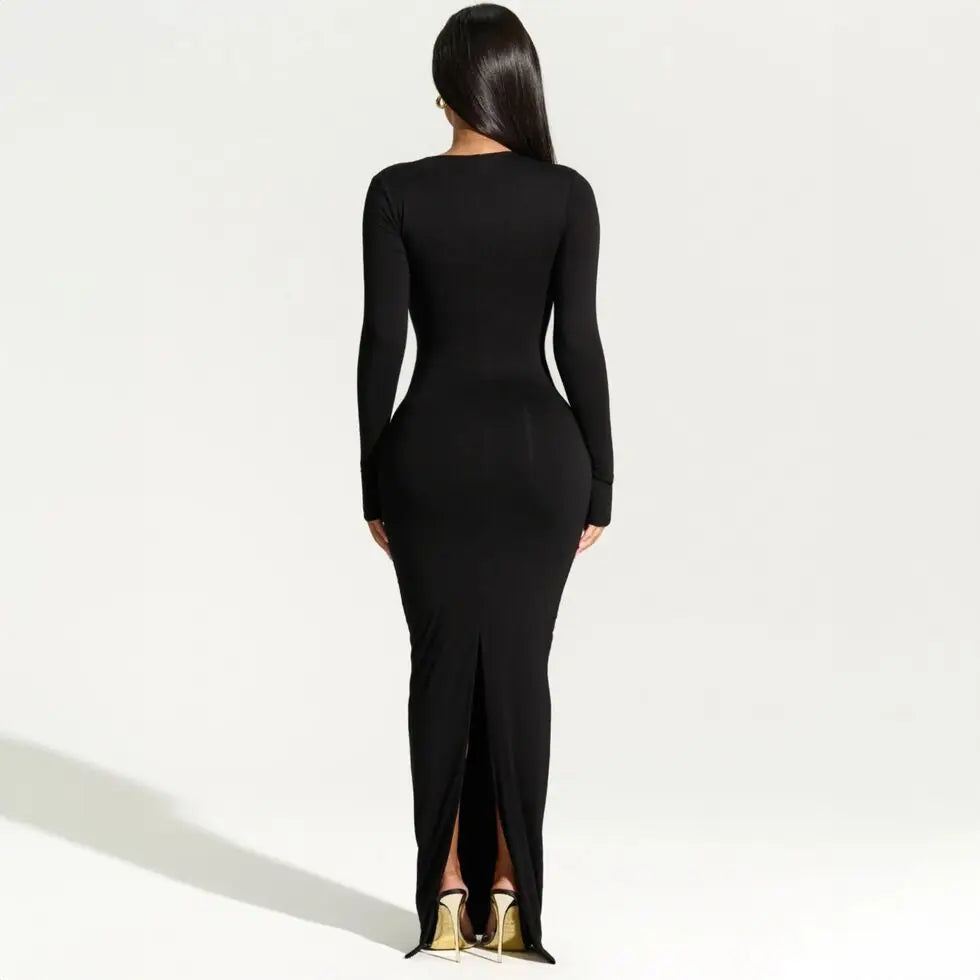 2025 Elegant Black Maxi Dress for Women – Asymmetrical Long Sleeve Split Evening Party Dress for Fall & Winter