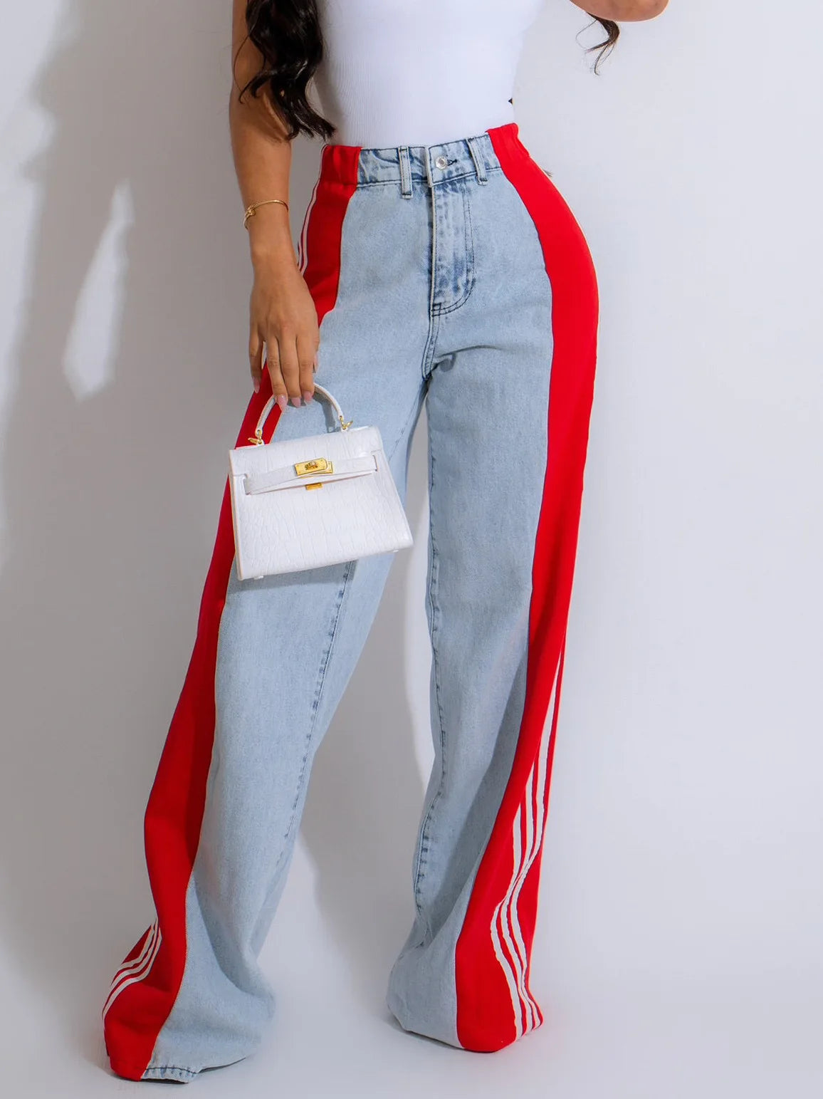 2025 Women’s Plus Size Wide-Leg Jeans – High Stretch Straight Fit Retro Three-Stripe Denim Pants (S–5XL)