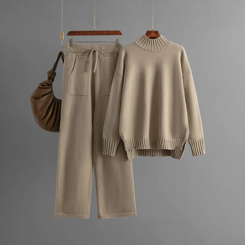 Women’s Winter Casual Knitted Two-Piece Set – Solid Color Sweater Top & Loose-Fit Pants Lounge Outfit
