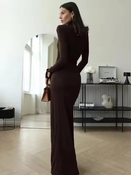 Elegant Women’s Long Sleeve Bodycon Maxi Dress – High Slit Turtleneck Evening Gown for Party, Formal & Winter Fashion