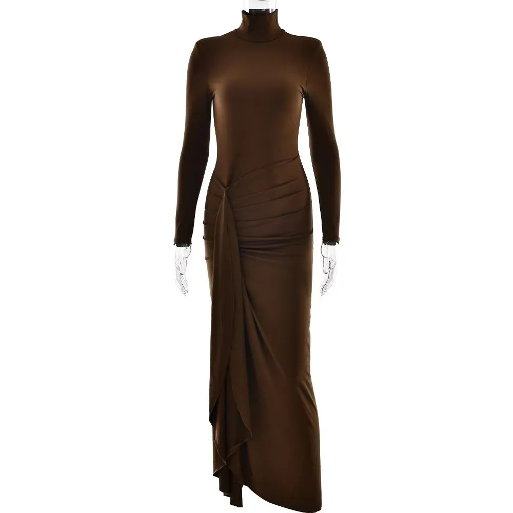 Elegant Women’s Long Sleeve Bodycon Maxi Dress – High Slit Turtleneck Evening Gown for Party, Formal & Winter Fashion
