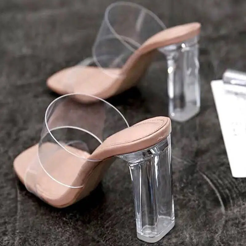 Summer Women’s Clear High Heel Sandals – 9cm Transparent Jelly Slippers with Open Square Toe, Sexy Fashion Pumps