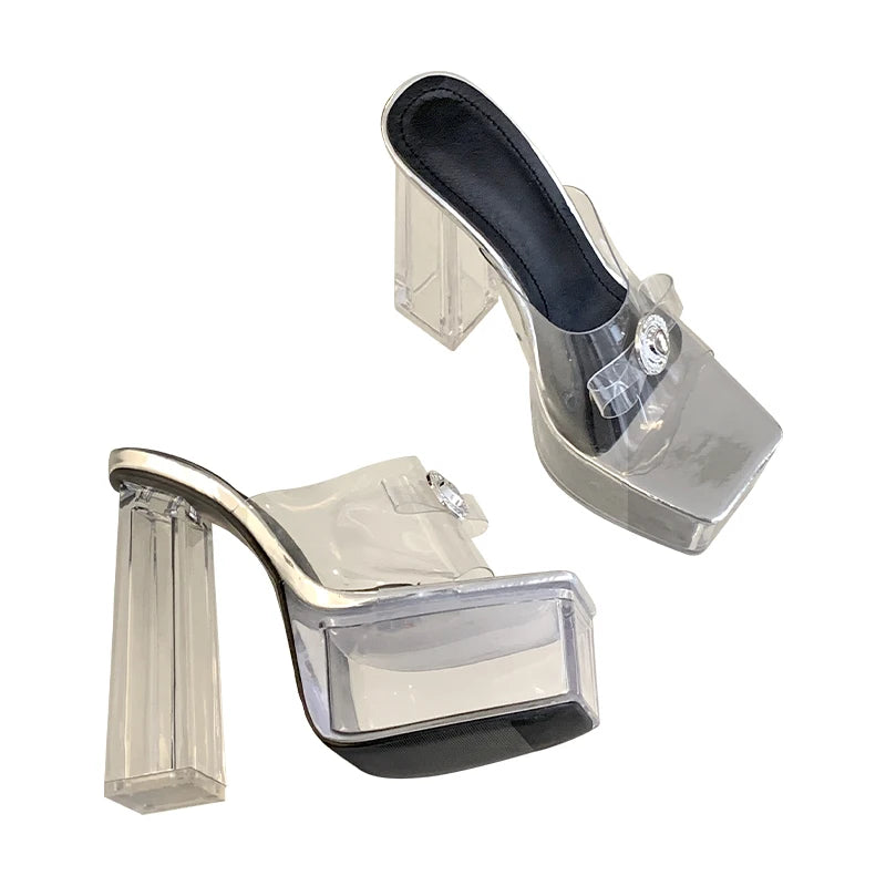 T-Stage Style Women’s Crystal Heel Sandals – Square Toe Waterproof Platform High Heels, Runway Star Fashion Shoes (Sizes 35–42)