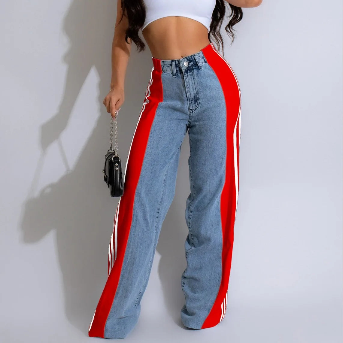 2025 Women’s Plus Size Wide-Leg Jeans – High Stretch Straight Fit Retro Three-Stripe Denim Pants (S–5XL)