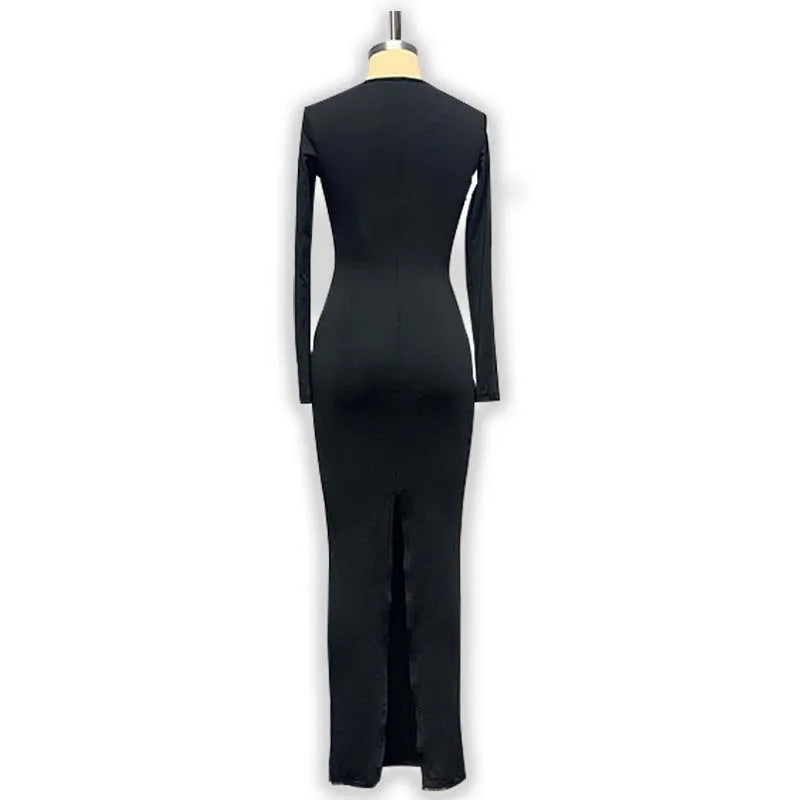 2025 Elegant Black Maxi Dress for Women – Asymmetrical Long Sleeve Split Evening Party Dress for Fall & Winter