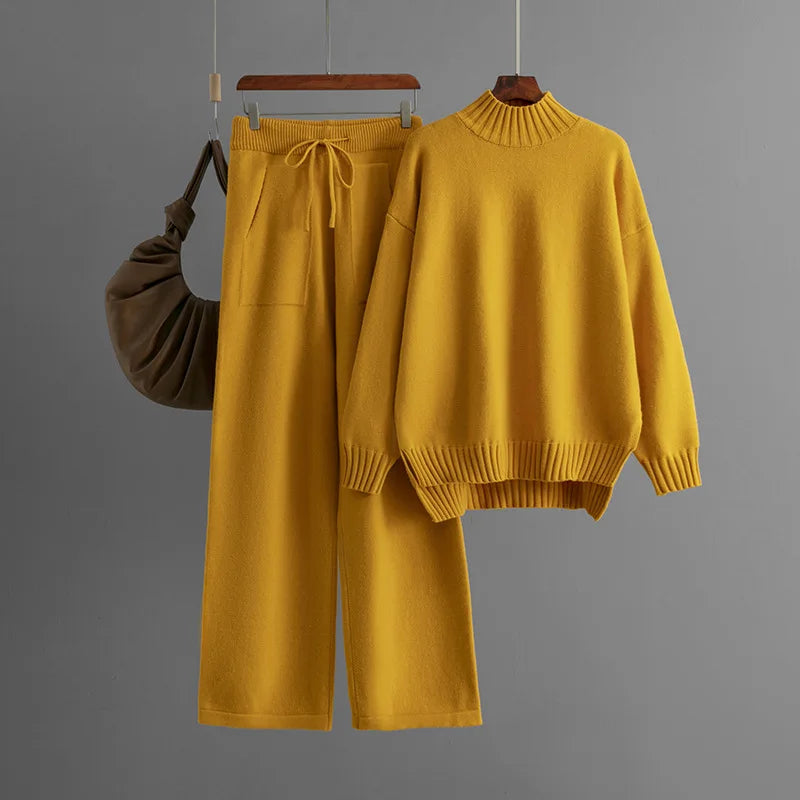 Women’s Winter Casual Knitted Two-Piece Set – Solid Color Sweater Top & Loose-Fit Pants Lounge Outfit