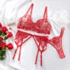 Red Embroidered 3-Piece Sexy Lingerie Set – Women’s Bra, Panty & Garter Belt Holiday Intimate Underwear