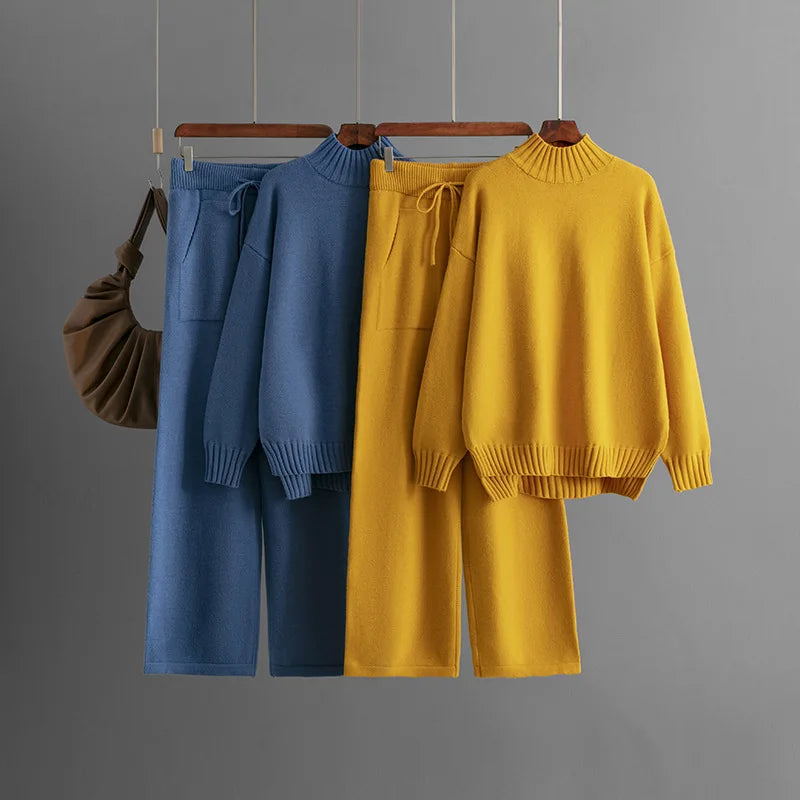 Women’s Winter Casual Knitted Two-Piece Set – Solid Color Sweater Top & Loose-Fit Pants Lounge Outfit