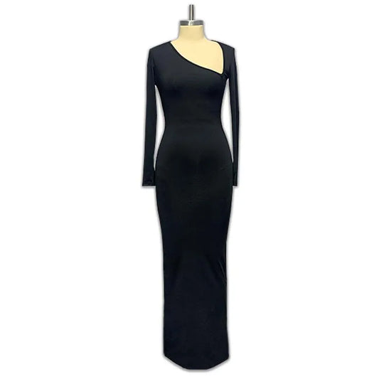 2025 Elegant Black Maxi Dress for Women – Asymmetrical Long Sleeve Split Evening Party Dress for Fall & Winter