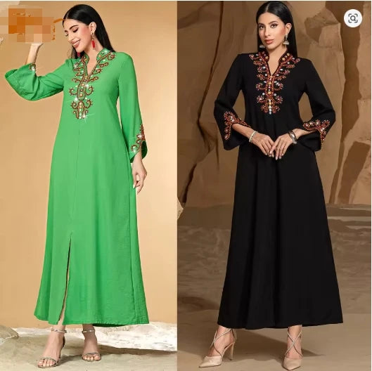 S-XXL Moroccan Abaya for Women – Diamond Embellished Long Maxi Muslim Dress, Dubai Kaftan Evening Gown, Eid Ramadan Jalabiya