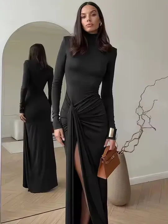 Elegant Women’s Long Sleeve Bodycon Maxi Dress – High Slit Turtleneck Evening Gown for Party, Formal & Winter Fashion