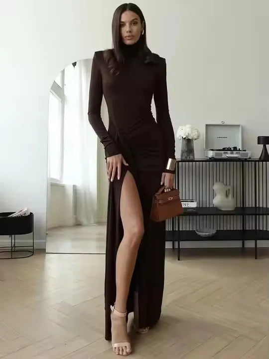 Elegant Women’s Long Sleeve Bodycon Maxi Dress – High Slit Turtleneck Evening Gown for Party, Formal & Winter Fashion