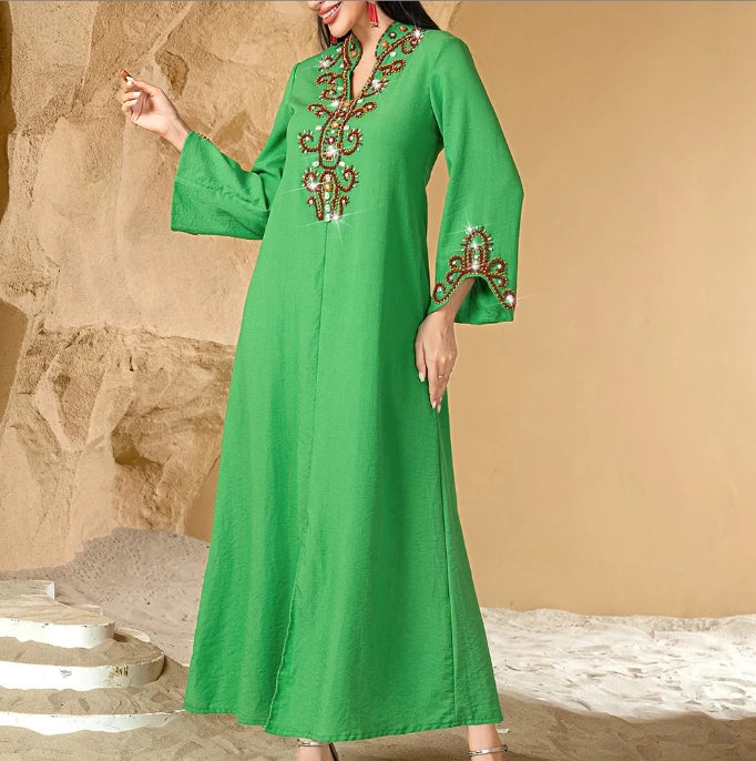 S-XXL Moroccan Abaya for Women – Diamond Embellished Long Maxi Muslim Dress, Dubai Kaftan Evening Gown, Eid Ramadan Jalabiya