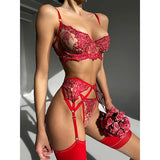 Red Embroidered 3-Piece Sexy Lingerie Set – Women’s Bra, Panty & Garter Belt Holiday Intimate Underwear