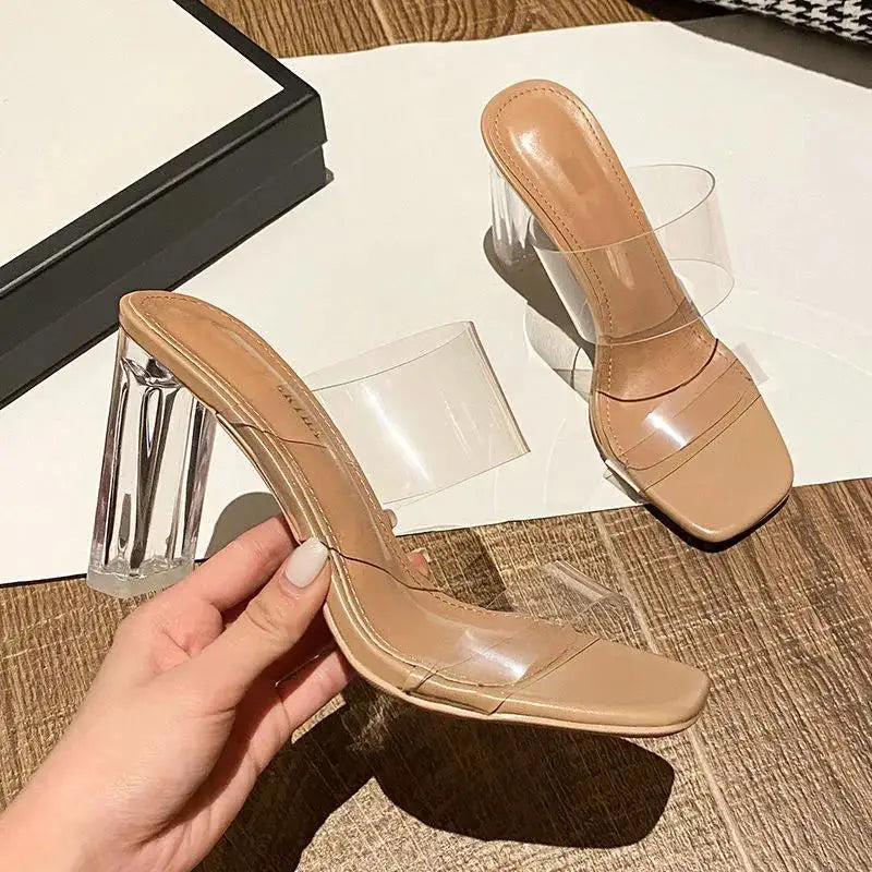 Summer Women’s Clear High Heel Sandals – 9cm Transparent Jelly Slippers with Open Square Toe, Sexy Fashion Pumps