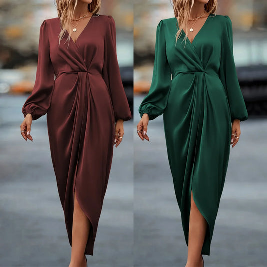 Vintage V-Neck Elegant Midi Dress for Women – Long Sleeve Solid Color Formal Evening Dress, Classic Fashion Design