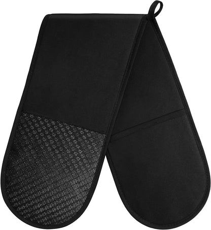 Black Double Oven Gloves - Heat Resistant to 250°C/482°F | Non-Slip Silicone BBQ Oven Mittens with Ropes | Cooking, Baking, Grilling Oven Mitts