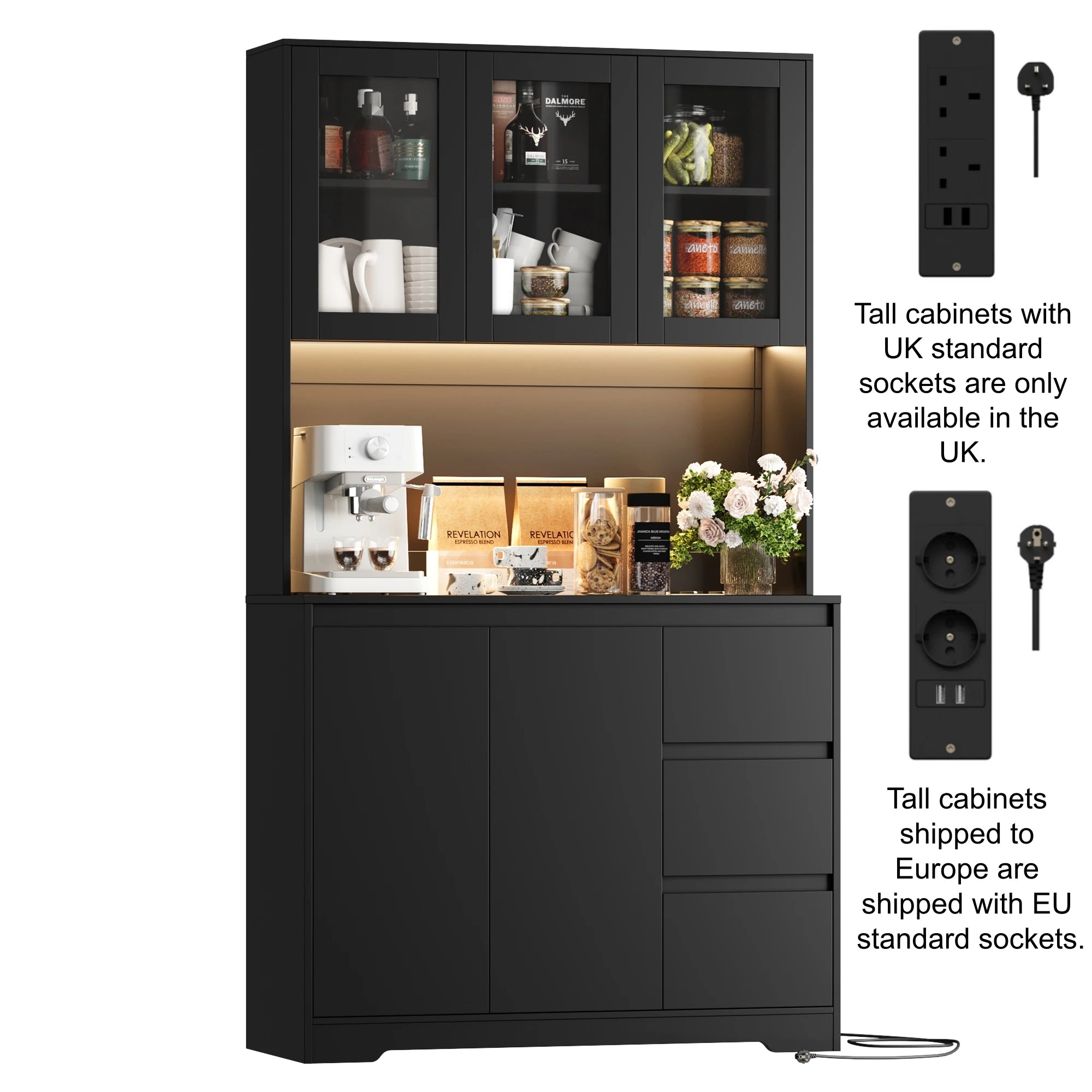 Getone Kitchen Buffet with LED, Kitchen wardrobe Buffet wardrobe with 3 Drawer sockets Bar Adjustable Shelf 100x38.5x180cm