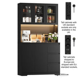 Getone Kitchen Buffet with LED, Kitchen wardrobe Buffet wardrobe with 3 Drawer sockets Bar Adjustable Shelf 100x38.5x180cm