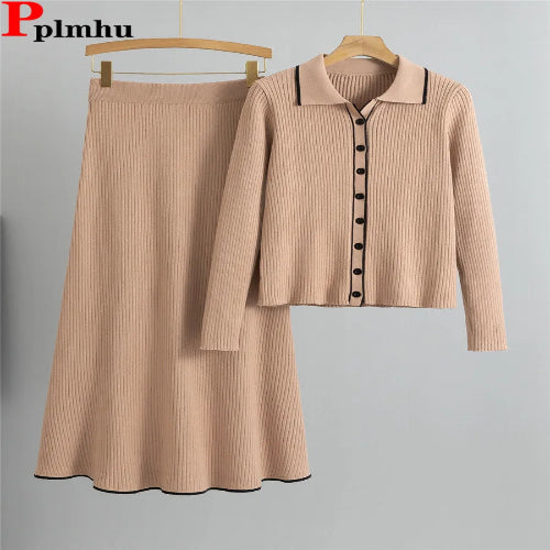 Korean Style Women’s Knitted 2-Piece Set – Single-Breasted Cardigan Sweater Top & High Waist Skirt Outfit