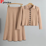 Korean Style Women’s Knitted 2-Piece Set – Single-Breasted Cardigan Sweater Top & High Waist Skirt Outfit