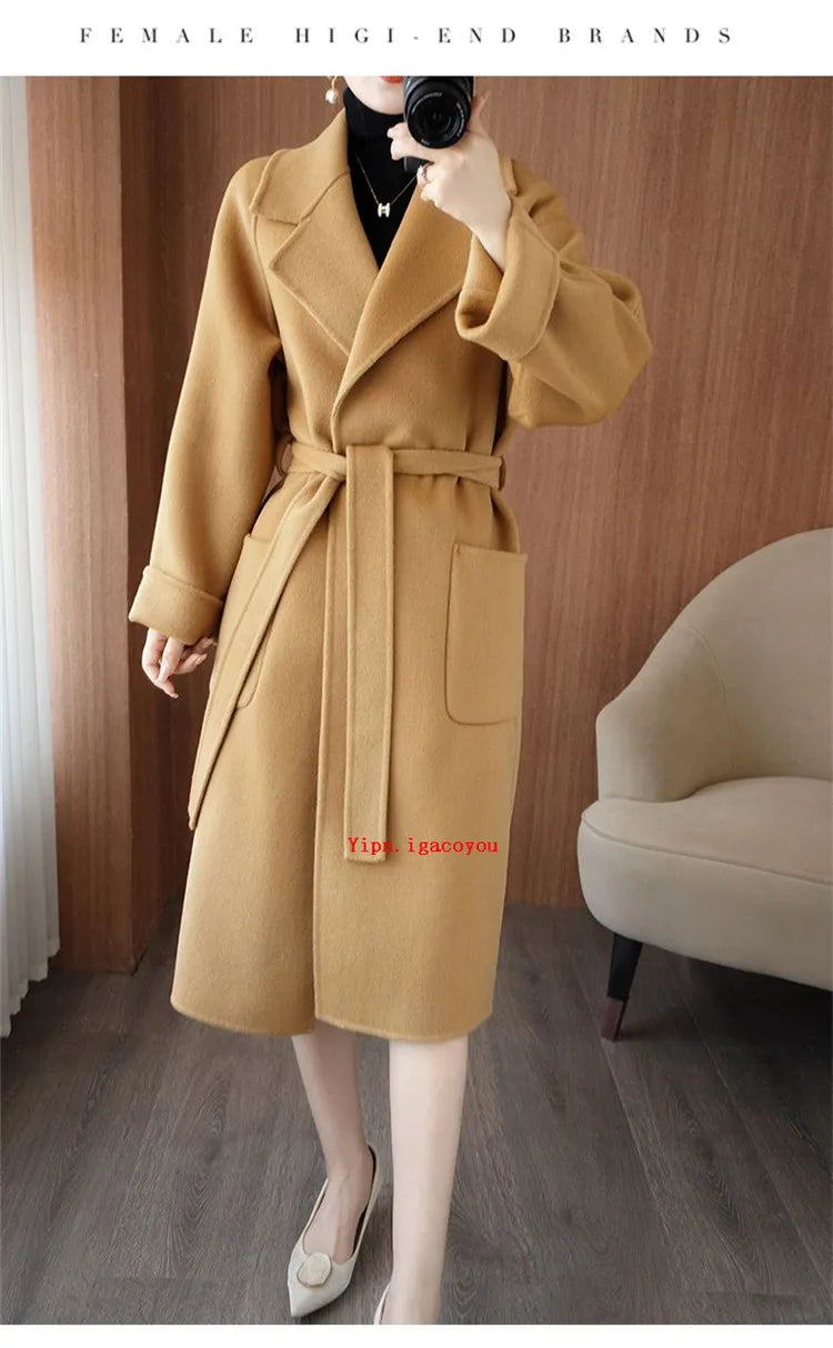 100% Pure Wool Double-Sided Cashmere Coat Women Winter New Mid-Length Loose Fashion Pockets Woolen Jacket Female Overcoat B551