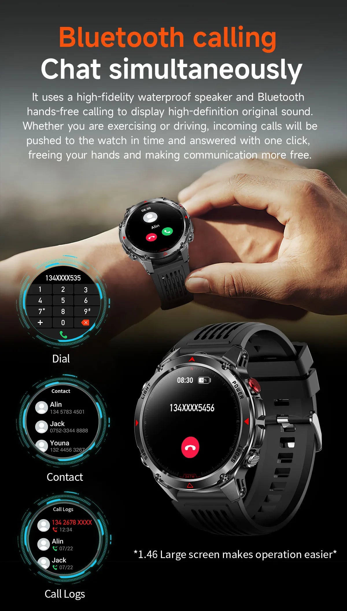 2025 Outdoor Military Smart Watch – Built-in GPS, Compass, Altimeter, Barometer, 3ATM Waterproof Rugged AMOLED Smartwatch with Bluetooth Call