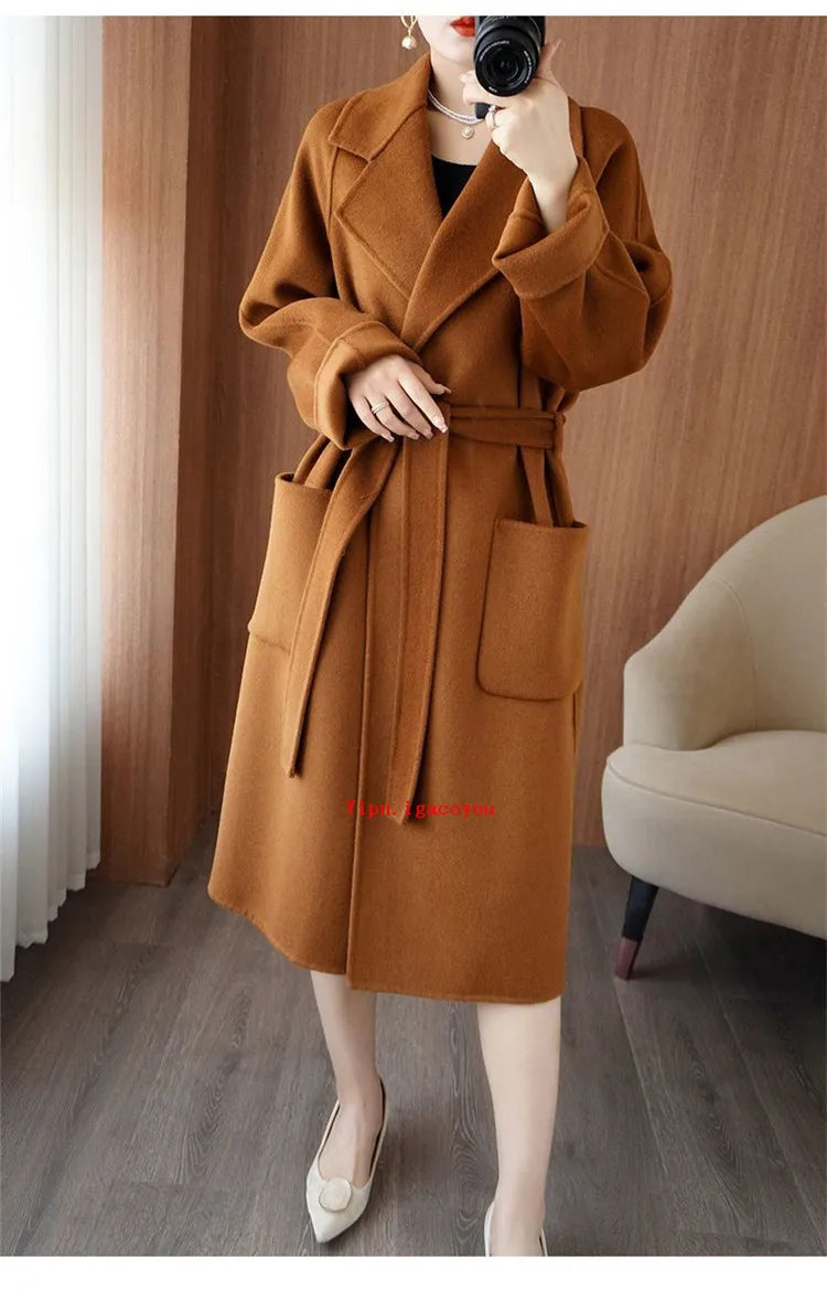 100% Pure Wool Double-Sided Cashmere Coat Women Winter New Mid-Length Loose Fashion Pockets Woolen Jacket Female Overcoat B551