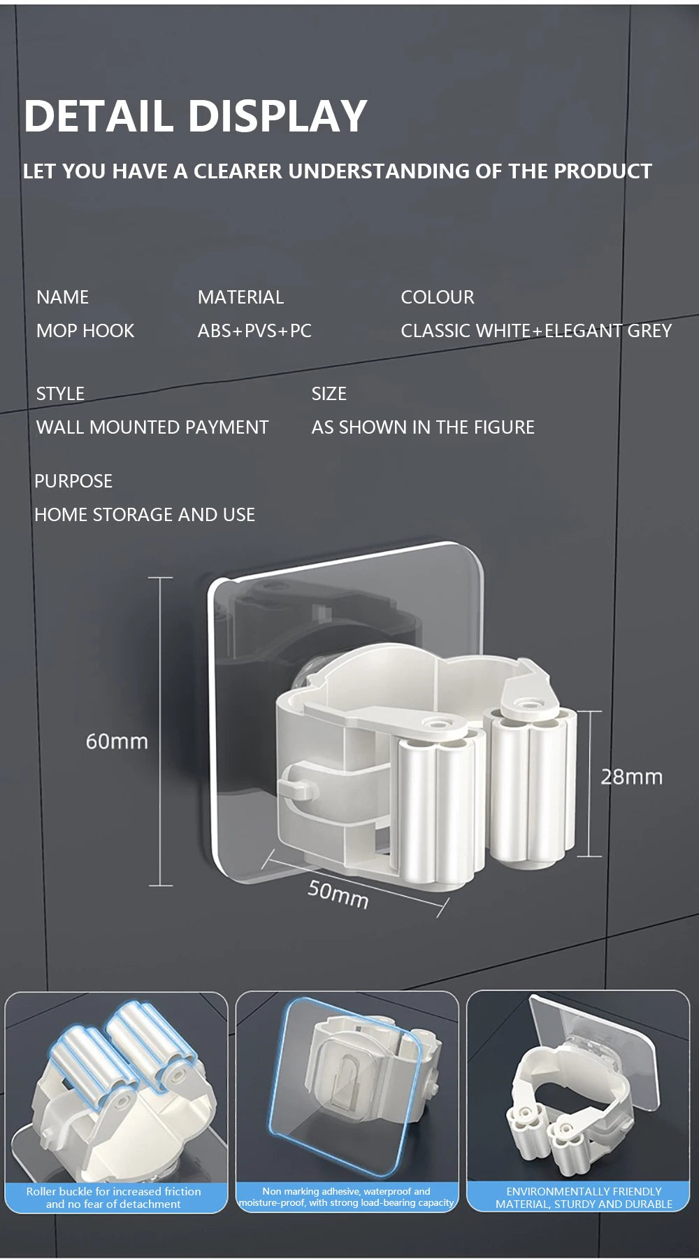 Multi-Purpose Hooks Adhesive Wall Hanging Mop Rack Broom Hanger Hook Kitchen Bathroom Organization Home Organizer Accessories