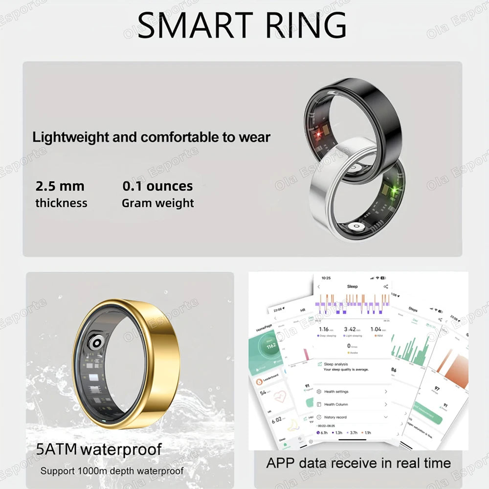 2025 Bluetooth Smart Ring – Heart Rate, Blood Oxygen & Sleep Monitor, Camera Control, 5ATM Waterproof Fitness Smart Ring for Men & Women