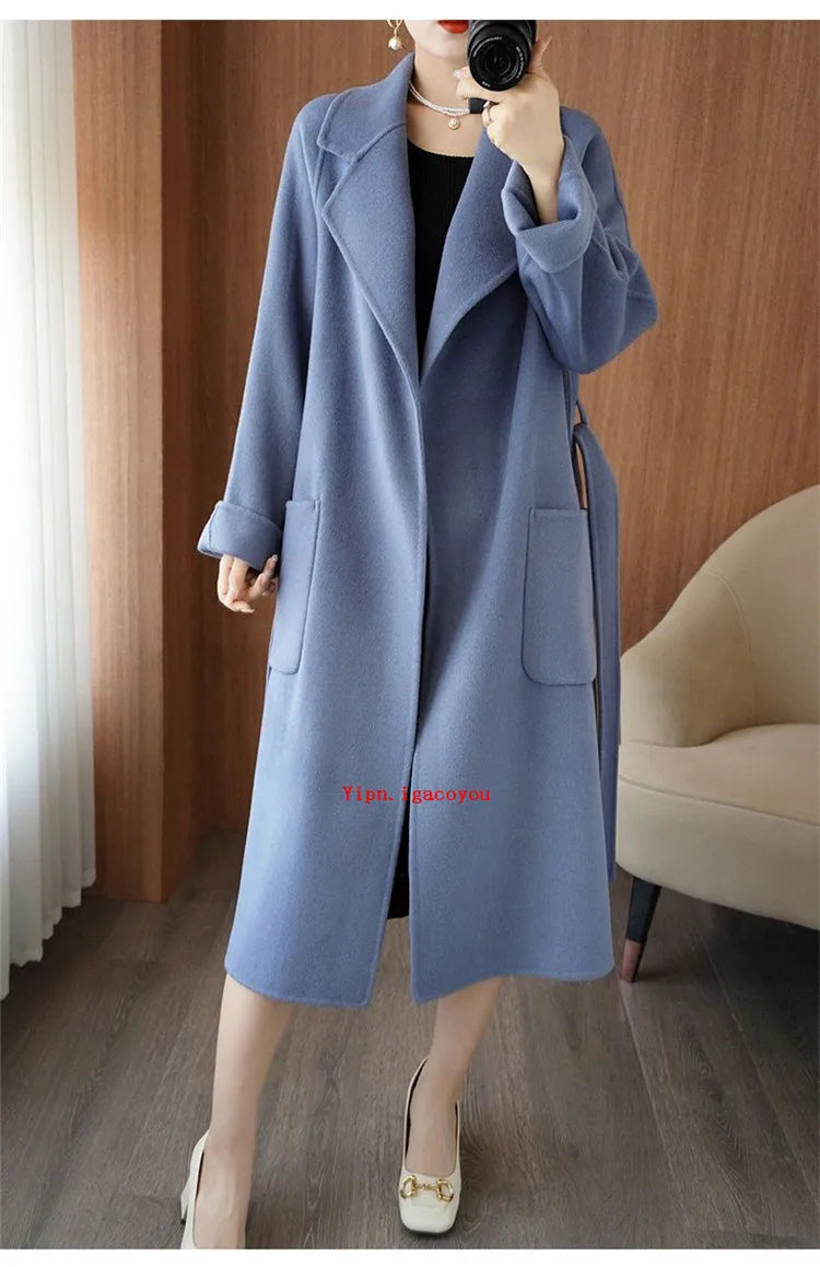100% Pure Wool Double-Sided Cashmere Coat Women Winter New Mid-Length Loose Fashion Pockets Woolen Jacket Female Overcoat B551