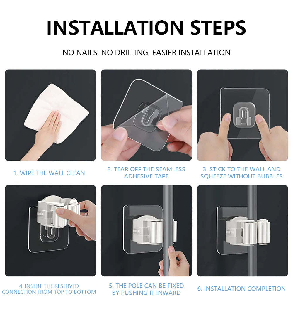 Multi-Purpose Hooks Adhesive Wall Hanging Mop Rack Broom Hanger Hook Kitchen Bathroom Organization Home Organizer Accessories