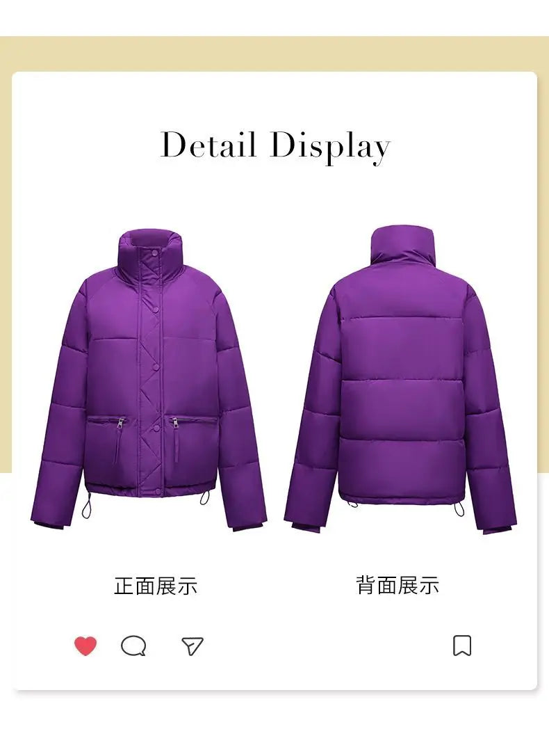 Women’s Short Standing Collar Puffer Jacket – Winter Warm Cotton-Padded Down Coat Fashion Bakery Parka Outerwear