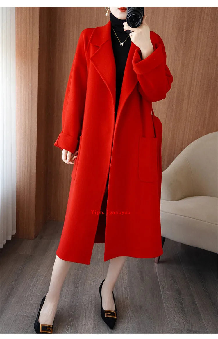 100% Pure Wool Double-Sided Cashmere Coat Women Winter New Mid-Length Loose Fashion Pockets Woolen Jacket Female Overcoat B551
