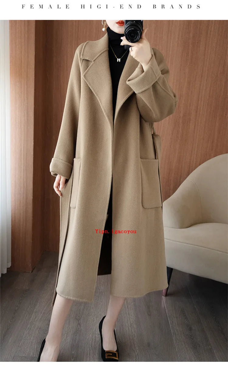 100% Pure Wool Double-Sided Cashmere Coat Women Winter New Mid-Length Loose Fashion Pockets Woolen Jacket Female Overcoat B551