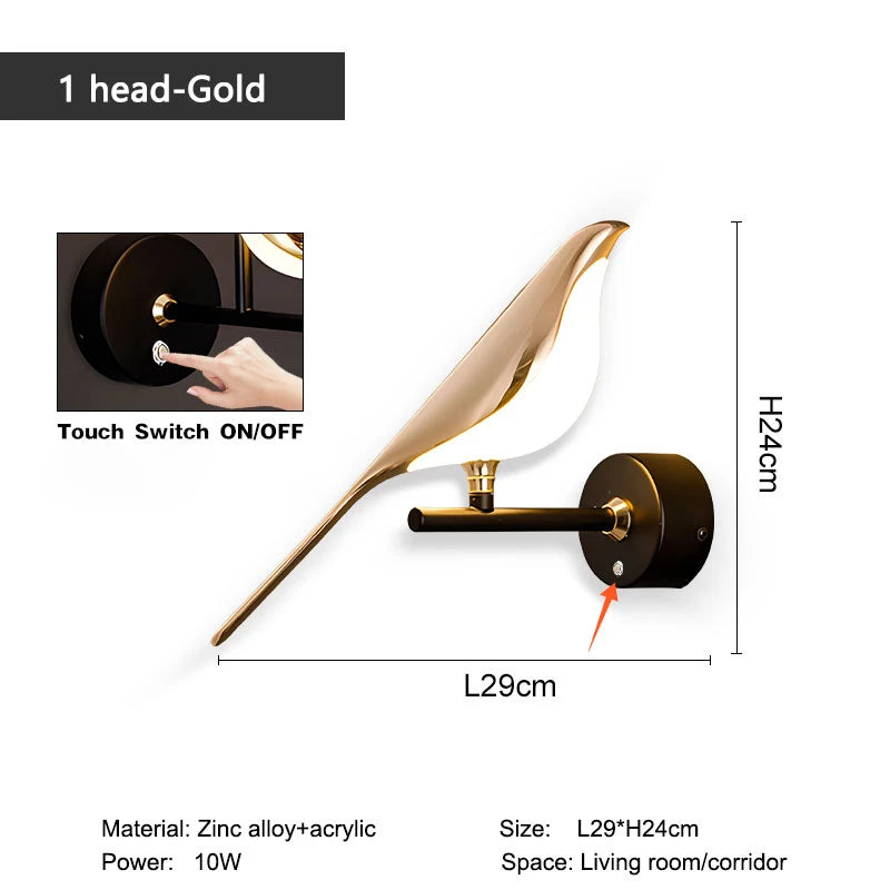 Nordic Touch Switch LED Wall Lamps for Bedside TV Background Gold Silver Magpie Bird  LED Wall Lights Wall Sconce for Corridor