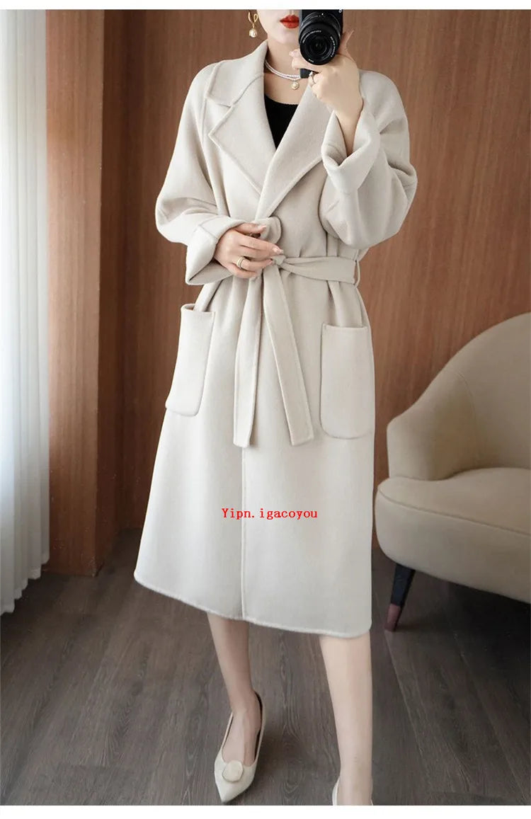 100% Pure Wool Double-Sided Cashmere Coat Women Winter New Mid-Length Loose Fashion Pockets Woolen Jacket Female Overcoat B551