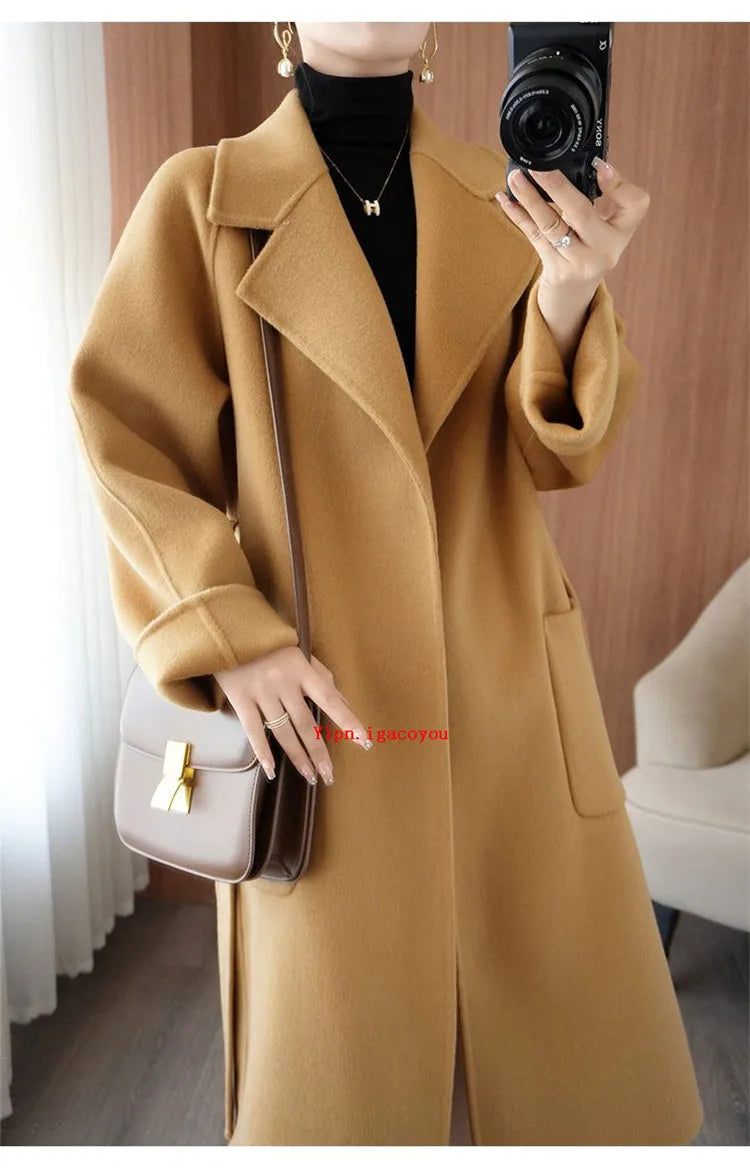 100% Pure Wool Double-Sided Cashmere Coat Women Winter New Mid-Length Loose Fashion Pockets Woolen Jacket Female Overcoat B551