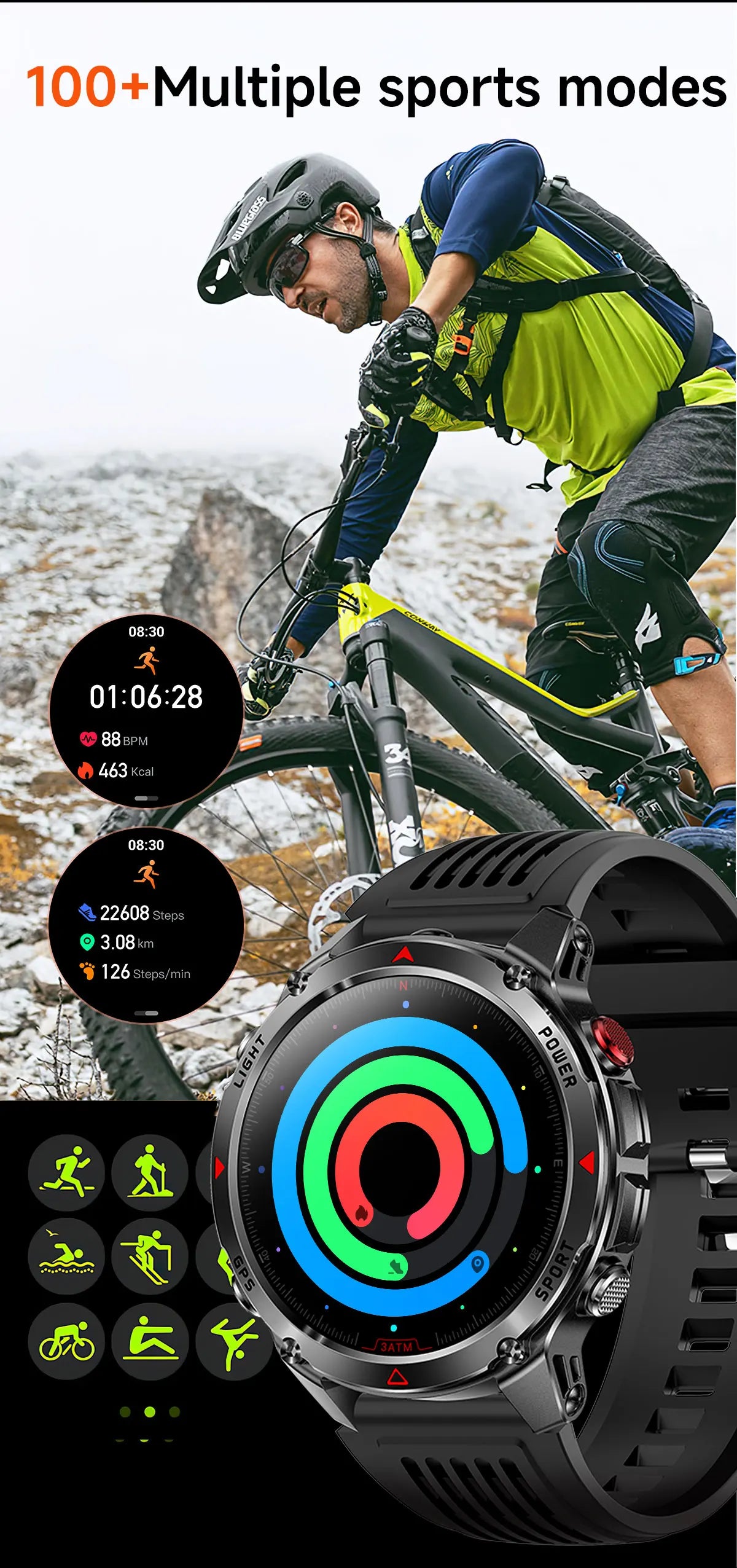 2025 Outdoor Military Smart Watch – Built-in GPS, Compass, Altimeter, Barometer, 3ATM Waterproof Rugged AMOLED Smartwatch with Bluetooth Call
