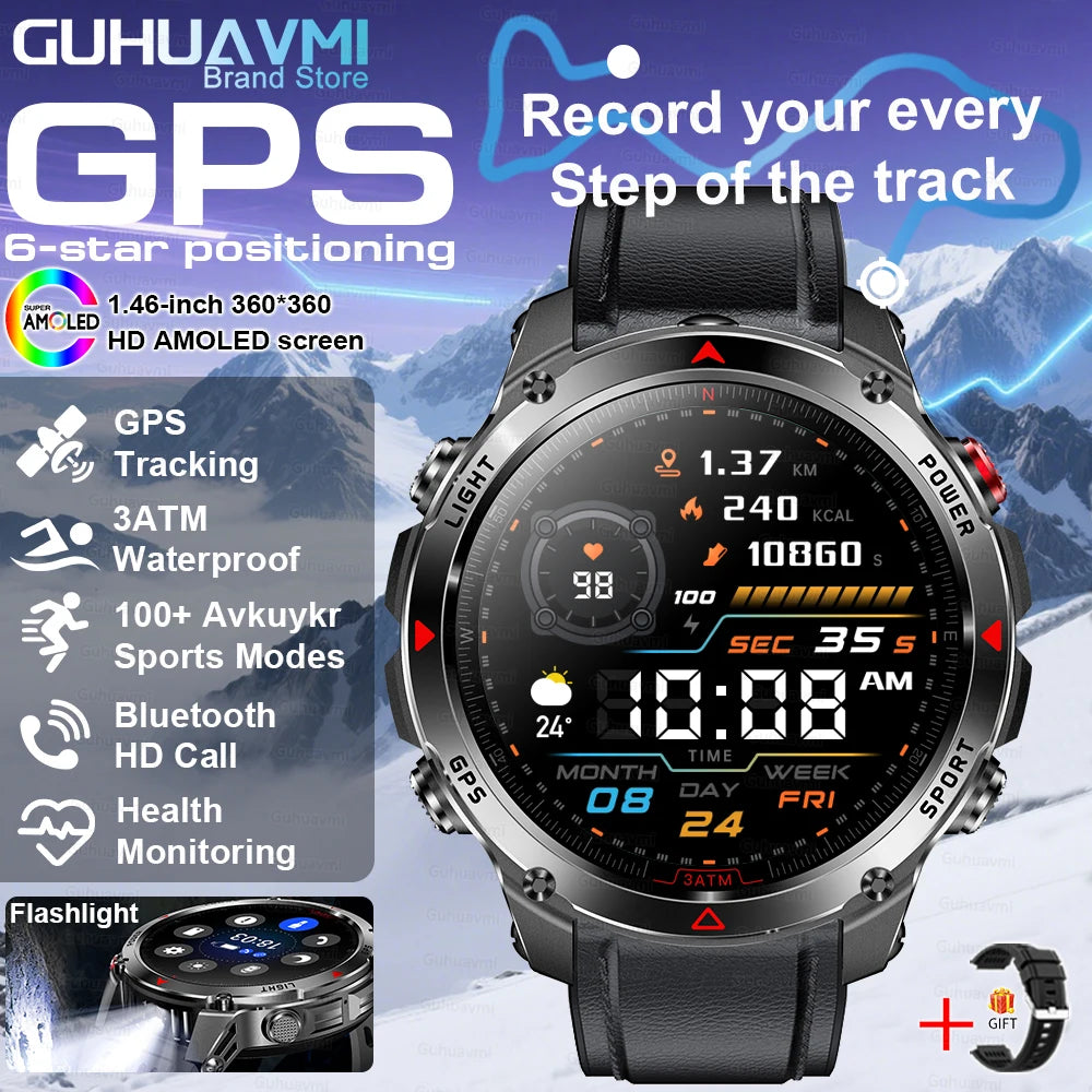 2025 Outdoor Military Smart Watch – Built-in GPS, Compass, Altimeter, Barometer, 3ATM Waterproof Rugged AMOLED Smartwatch with Bluetooth Call