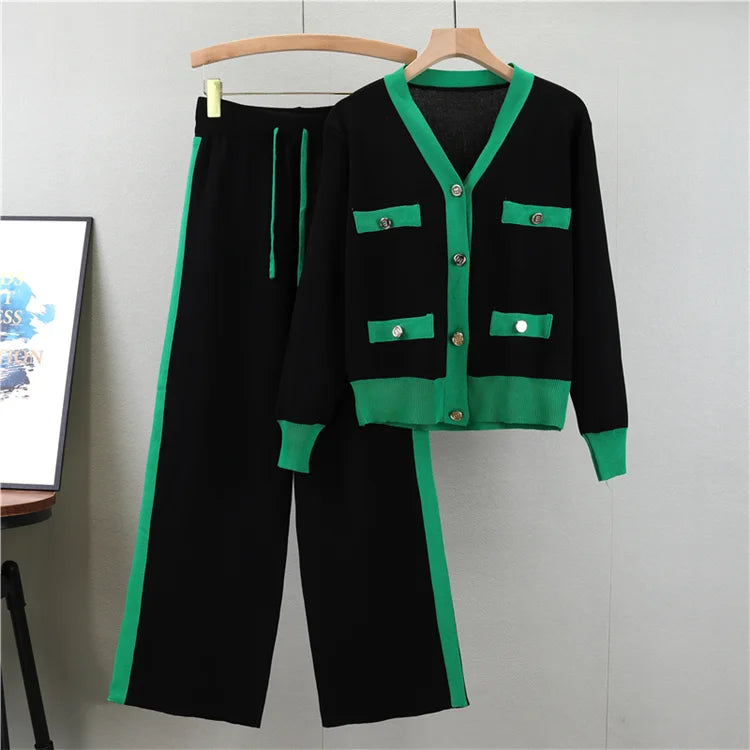 Women’s Knitted 2-Piece Sweater Set – Soft V-Neck Cardigan & Wide-Leg Pants Autumn Winter Outfit