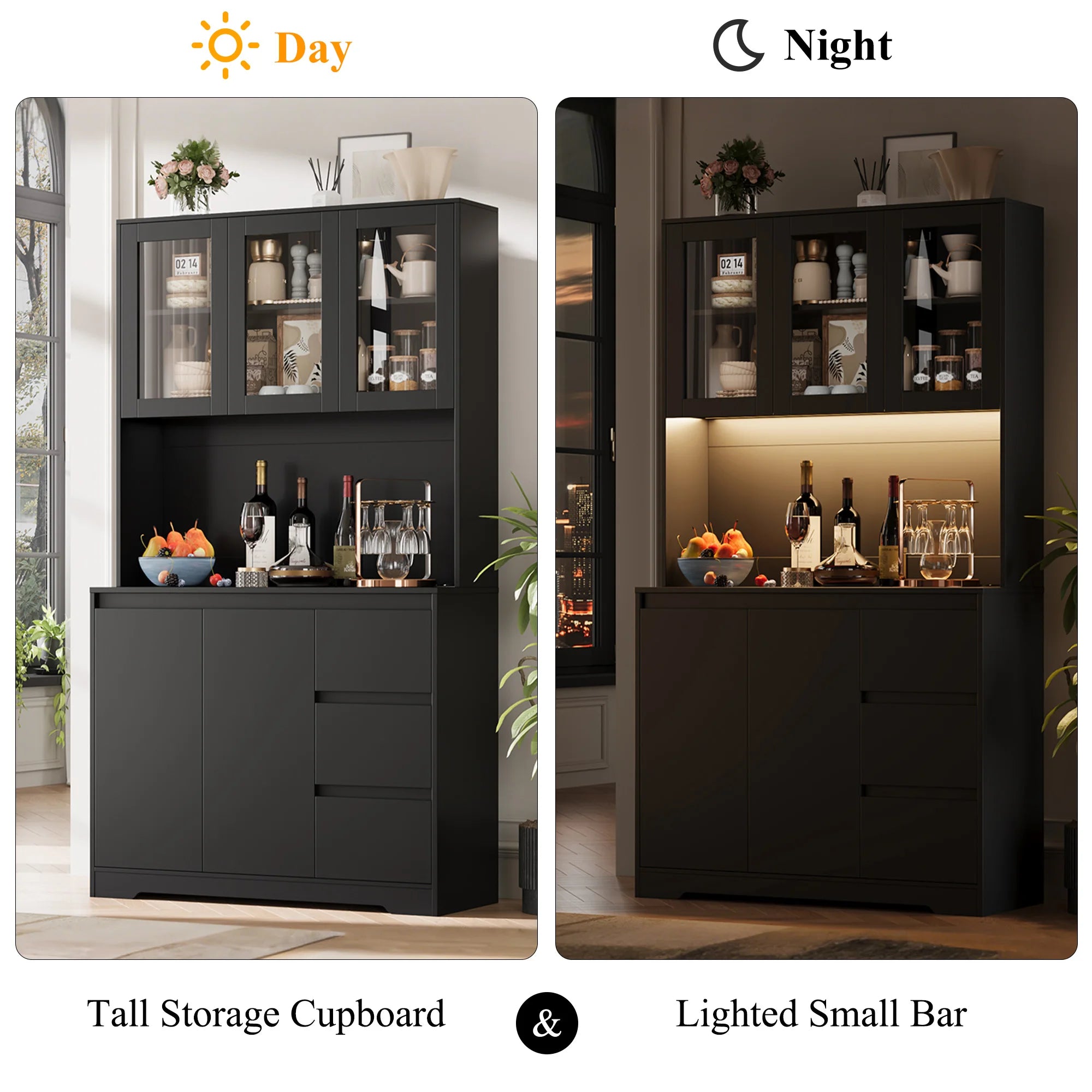 Getone Kitchen Buffet with LED, Kitchen wardrobe Buffet wardrobe with 3 Drawer sockets Bar Adjustable Shelf 100x38.5x180cm